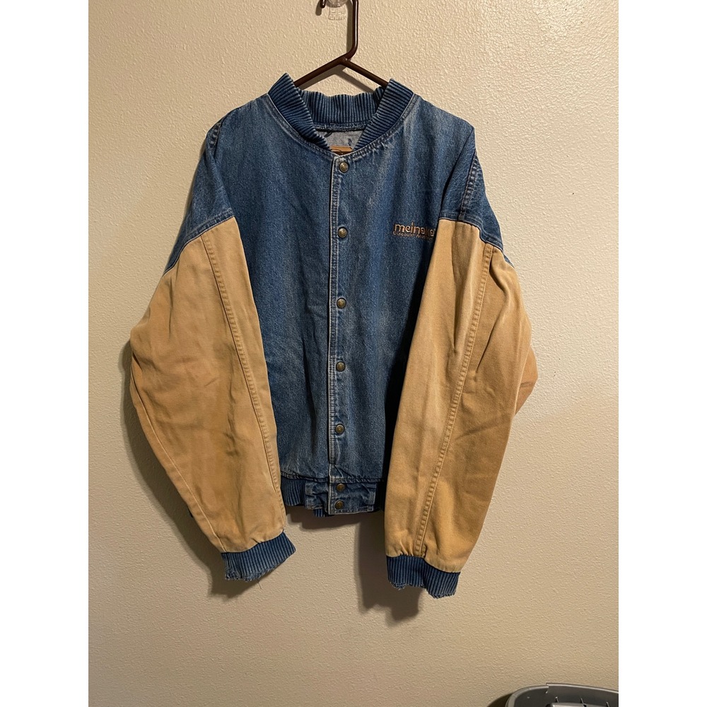 Vintage ID Wear Denim Varsity Bomber Jacket Men's XXL Beige Blue Cotton Blend